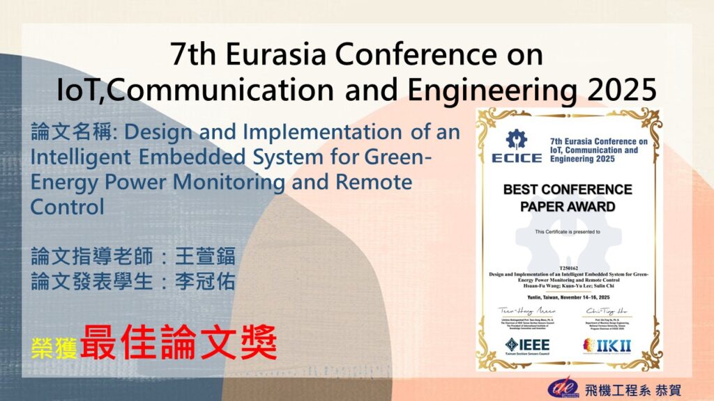 恭賀本系王萱鍢老師帶領學生參加7th Eurasia Conference on IoT,Communication and Engineering 2025榮獲最佳論文獎
