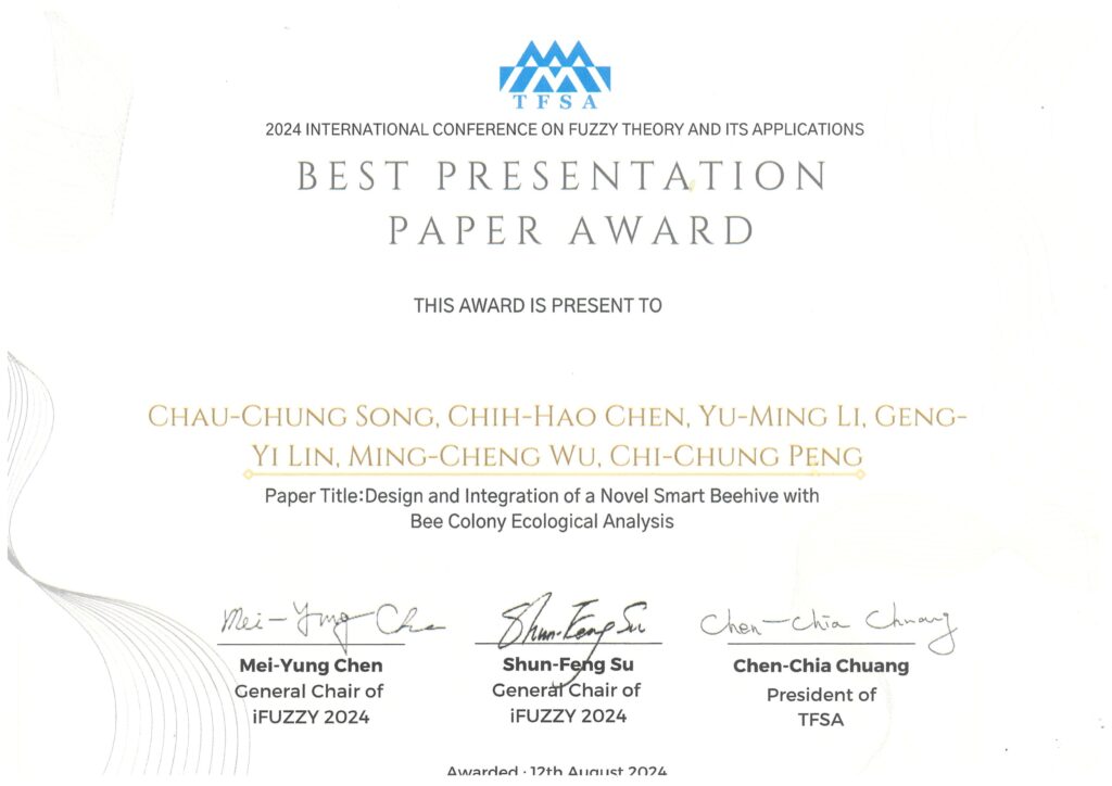 恭賀本系宋朝宗老師帶領陳致澔同學、李育銘同學、林耿顗同學以「Design and Integration of a Novel Smart Beehive with Bee Colony Ecological Analysis」榮獲2024 International Conference on Fuzzy Theory and Its Applications (iFUZZY 2024) ”最佳報告論文獎” (113/12/06)